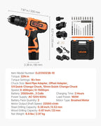 VEVOR Cordless Drill Driver, 5-In-1, Metal Chuck, Dual-Speed Variable, Drill Driver Kit with 2 Lithium Batteries and Charger, Tool Box, for Wood and Metal Drilling, Screw Tightening or Loosening
