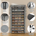 VTRIN Tall Shoe Rack with Cover, 10 Tier Shoe Organizer Storage for 50-55 Pairs Shoes and Boots Large Capacity Shoe Shelf with 8 Pockets Free Standing Shoe Rack for Closet, Entryway, Garage, Grey