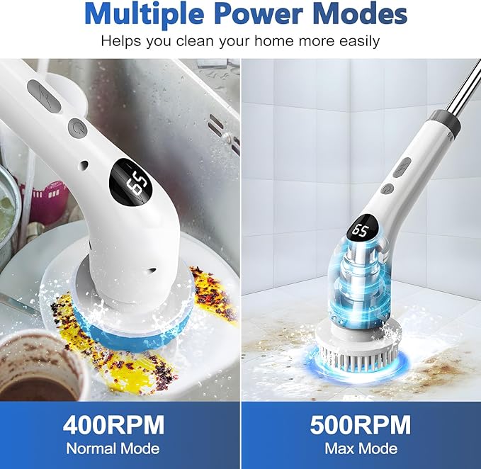 Qimedo Handheld Spin Scrubber with Extended Long Handle, Rechargeable Electric Scrubber for Cleaning, Cordless Power Dish Scrubber with 6 Brushes for Bathtub Grout Tile Floor