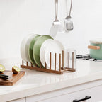 HBlife 4pcs Acacia Wooden Dish Dying Rack Pot Lid Plate Organizer Holder for Cabinet, Cutting Board Stand Drainer Storage Plate Rack for Dish, Pot Lid, Bowl, Cup, Cutting Board and Books