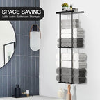 Towel Racks for Bathroom, 3 Tier Metal Towel Holder, with Shelf & 6 Hooks, 29 inch Wall Mounted Towel Storage, 6 Large Bath Towels Capacity,Small Bathroom Towel Rack for Rolled Towels, Black