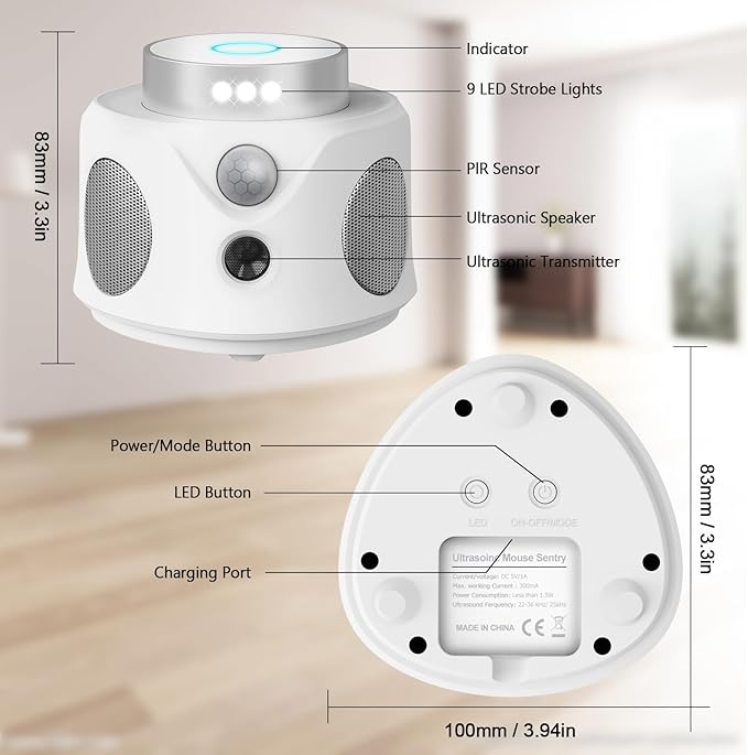 Mouse Repellent Ultrasonic, 360° Mice Repellent Indoor Rat Deterrent Get Rid of Mice with LED Lights, Squirrel Rodent Repellent for Attic Houses Barns Garage Basement RV