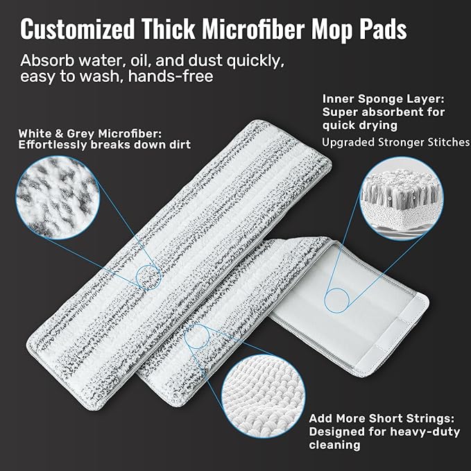 Mop and Bucket Set, 3-Tank Flat Mop and Bucket System for Separate Dirty & Clean Water, 65" Mops for Floor Cleaning with 8 Washable Pads, Safe for Hardwood, Vinyl, Tile, Baseboards, Walls