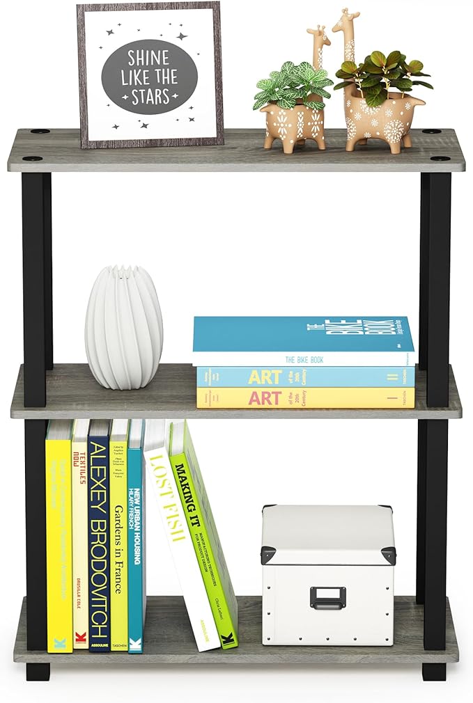 Furinno TURN-S-TUBE Storage Shelves, 3-Tier Book Shelf, Corner Shelf, Toolless Open Shelves, for Organization and Storage, Living Room, Garage, Home Office, French Oak