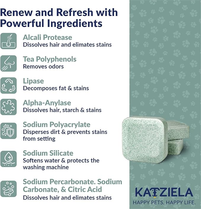 Katziela Washing Machine Cleaner Tablets – 6 Pack (3-Month Supply) – Loosens Pet Hair & Eliminates Odors – Fragrance-Free Enzyme Formula – Safe for All Washers – HE Compatible & Septic Safe