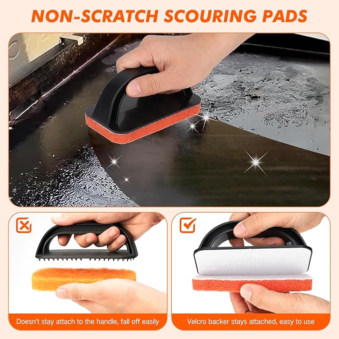 Griddle Scour Pads, Non-Scratch Scouring Pads with Handle, Grill Scrubbers, Cast Iron Polishing Pads, Heavy Duty Scrubbing Pads for Cleaning Walls- 11 Scrub Pads and 1 Handle