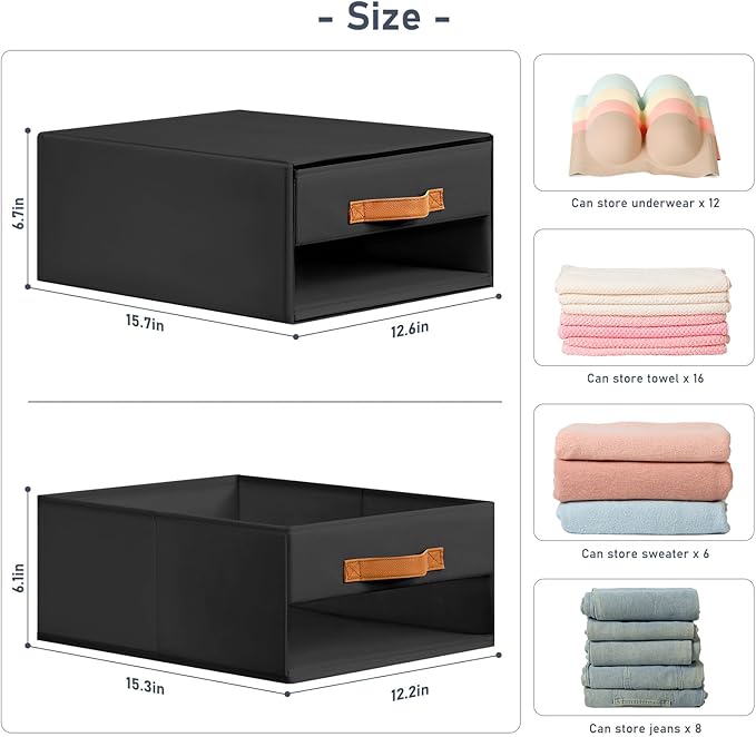 DIMJ Closet Organizers and Storage - Foldable Storage Bins with Drawers Fabric Stackable Storage Drawers with Clear Window,Fabric Clothes Organizers and Storage Drawers for Closet, 6-Pack, Black