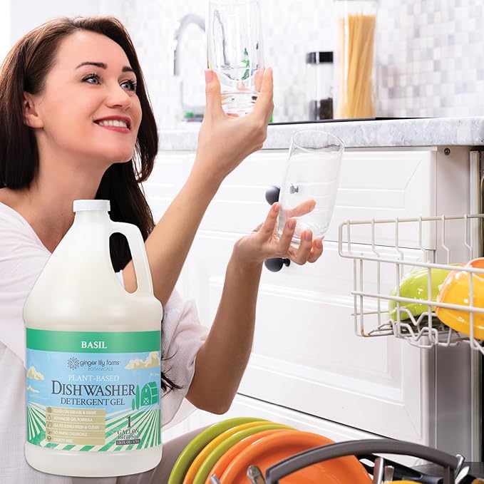 Ginger Lily Farms Botanicals Plant-Based Dishwasher Detergent Gel, 100% Vegan & Cruelty-Free, Basil Scent, 1 Gallon (128 Fl Oz) Refill