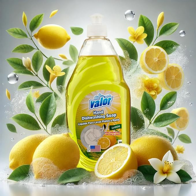 Valor Dishwashing Liquid, 25 fl oz – Dish Soap for Kitchen & Bathroom, Grease-Fighting, Gentle on Hands, Fast Rinse, Eco-Friendly Biodegradable Formula (25.5 oz (Pack of 6), Lemon)