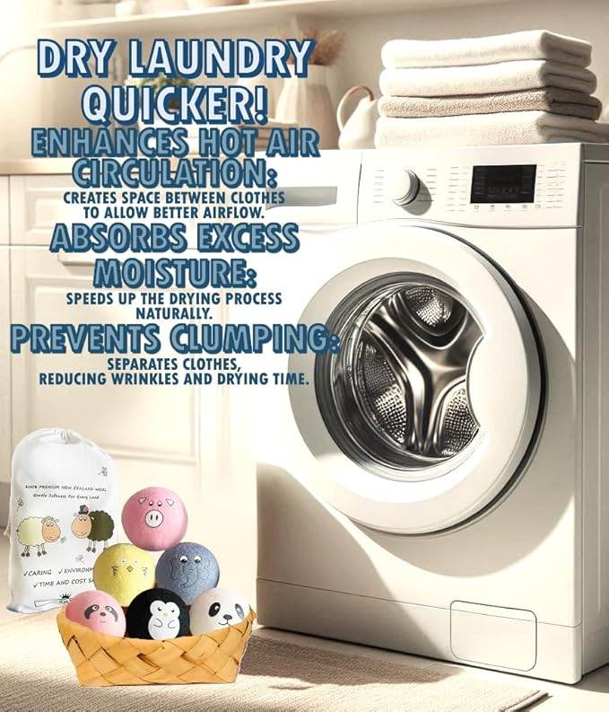 ZnX Wool Dryer Balls 6 Pack XL Eco-Friendly, Renewable and Biodegradable Crafted from 100% Organic New Zealand Sheep Wool, Wool Balls Replaces Dryer Sheets - Laundry Balls with Storage Bag