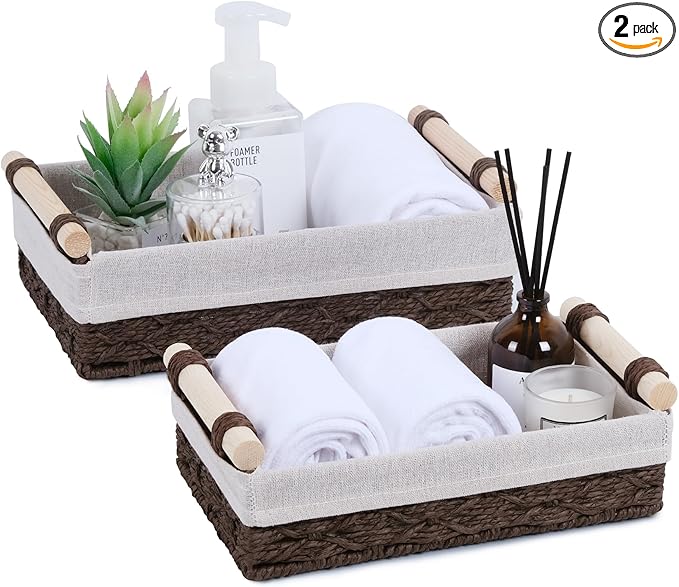 Wicker Storage Basket with Wooden Handle – Paper Rope Decorative Toilet Paper Baskets & Bathroom Organizer for Toilet Tank Top, Shelves, Bedroom, Countertop,Home,Office Storage Bins, 2 Pack,Brown
