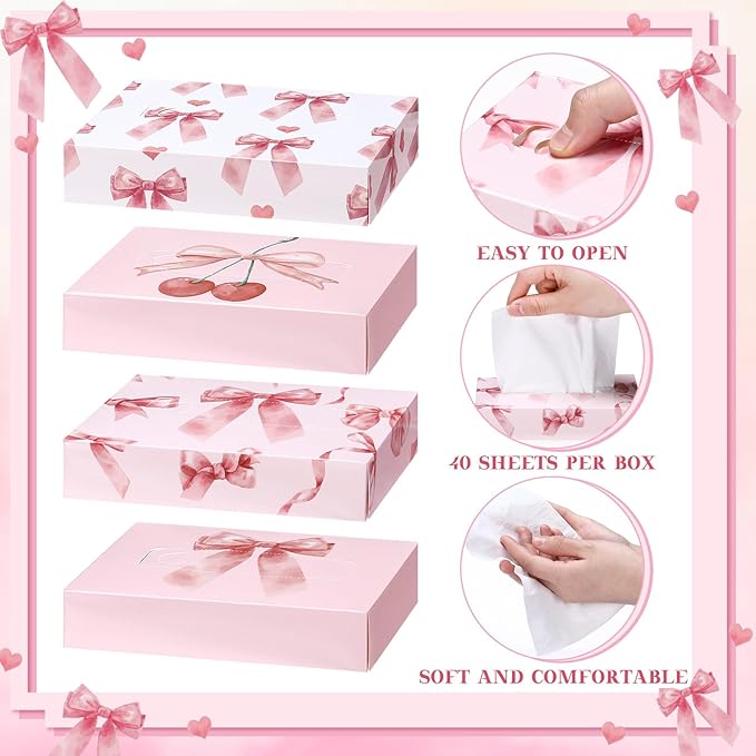 TaoBary 24 Packs Pink Bow Small Boxes of Tissues Car Facial Tissue Boxes Disposable Tissue Packs Cube Facial Tissues 2 Ply 960 Sheets for Holiday Party Bathroom Office Floral Home Decor