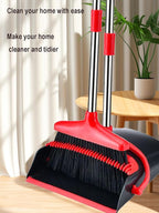 Broom and Dustpan Set, Stand Upright Windproof Dustpan, Long Handle Broom and Dustpan with Teeth for Home Kitchen Room Office Lobby Floor Cleaning (Black+Red)