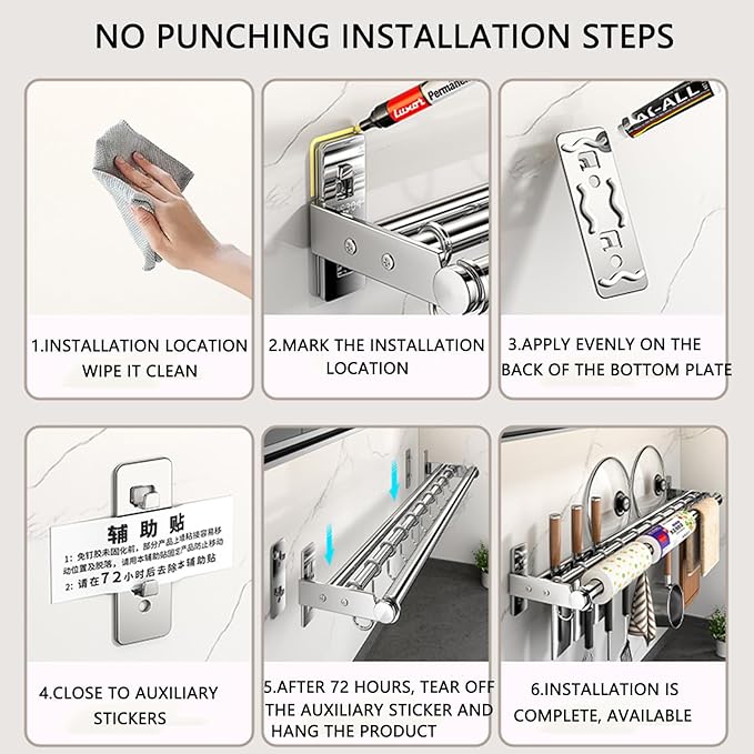 Hanging Wall Mount knife Wall Mount, Kitchen Organizer Storage Shelf for Utensils Spatula Spoon, Space-Saving Knife Rack with Hooks,Wall-Mounted Utensil Holder (Silver, 60CM+Single Pole+10Hooks)