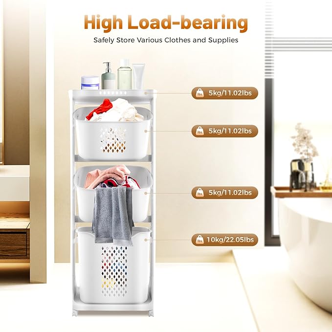 Household Storage Basket, 360° Rolling Movable Laundry Basket,Floor-Standing White Multi-layer Clothes Organizer for Kitchen,living Room and Bathroom (3 Tiers)