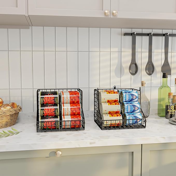 Stackable Can Organizer for Pantry with 2 Adjustable Dividers, Soda Can Organizer, Can Storage Dispenser Holds up to 28 Cans, 2 tier Metal Wire Baskets Can Holder for Kitchen Cabinet Pantry, Black