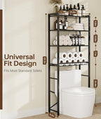 4-Tier Over-the-Toilet Storage Rack with One-Piece Wooden Shelves & Open Net Basket, Bathroom Organizer with Adjustable Feet & Anti-Tip Kit, Space-Saving Toilet Shelf, Black, 24.4" x 9.4" x 69.3"