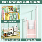 Double Rods Clothes Rack for Hanging Clothes, Heavy Duty Rolling Clothing Rack with Wheels, Freestanding Garment Racks with Oxford Bottom Shelf and Mesh Bottom Shelf for Bedroom Laundry (White)