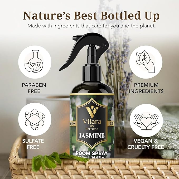 Vilara US Room Spray Freshener – Long-Lasting Luxury Perfume Scent, Linen & Fabric Spray for Bedding, Furniture, Home & Bedroom Aromatherapy – 16.9 fl oz (Jasmine Pack 3)