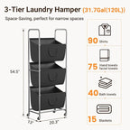 ELYKEN 120L Vertical Rolling Laundry Hamper with Removable Bags, 3 Section Laundry Baskets with Wheels, Space-Saving 3 Tier Laundry Sorter for Small Spaces, Dorm, Bedroom, Bathroom, Laundry Room