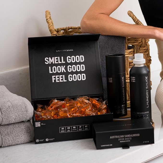 Laundry Sauce - Signature Bundle Australian Sandalwood, Scented Laundry Detergent Pods & Scent Booster, Fabric Softener, Dryer Sheets, Fabric Protection, Essential Oils, Long Lasting Luxury Fragrance