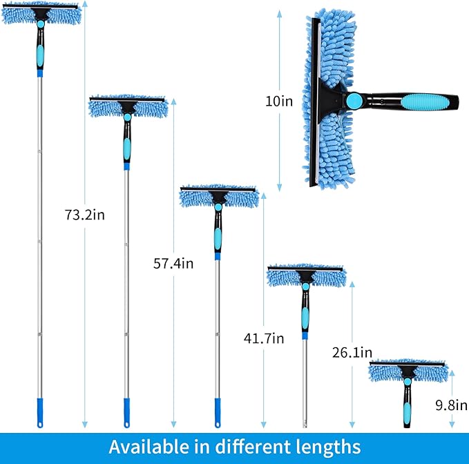 Window Washing Kit with Extension Pole, 73’’ Window Cleaning Squeegee Kit, 3 in 1 Window Cleaning Kit with 2 Microfiber Pads & 2 Chenille Pads for Indoor Outdoor Windows