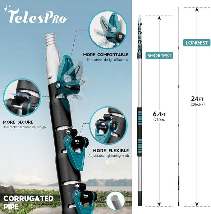 TelesPro 30 Feet High Reach Cobweb Duster with 6-24Ft Extension Pole, Webster Cobweb Duster with 5-Stage Telescopic Aluminum Pole, Spider Web Brush for Outdoor & Indoor Cleaning - Soft Bristles.