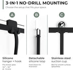 GÜTEWERK Silicone Shower Squeegee for Glass Doors & Mirrors with Stainless Steel Core, Streak-Free & No-Squeak Window Cleaning, 3-in-1 No-Drill Mount (Hook/Suction/Adhesive),Black, 13 Inches