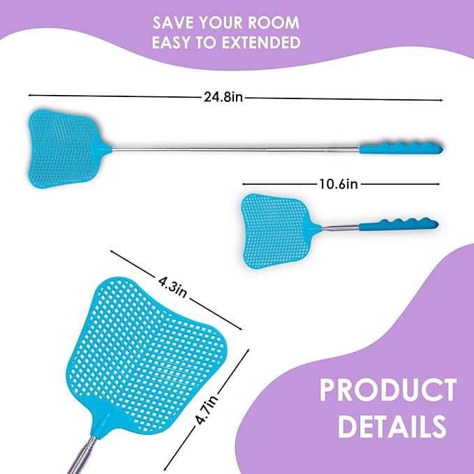 Wapodeai 3 pcs Fly Swatter, Fly Swatters Plastic Telescopic, Large Bug Swatter That Work for Indoor and Outdoor. (3 Blue)