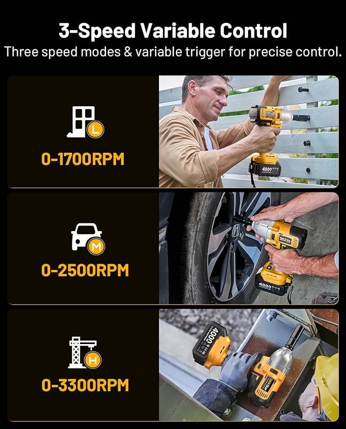 Cordless Impact Wrench 1/2 Inch, 1200N·m(886ft・lbs) Brushless High Torque Impact Gun, 21V Electric Impact Driver, 2x4.0Ah Batteries, Charger & 6 Sockets, Variable Speeds for Car/Truck RV/Mower