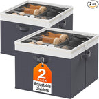 StoreHappily Shoe Organizer for Closet - 2 Packs Hold up to 32 Pairs, Large Shoe Storage Organizer Containers with Adjustable Dividers, Clear Cover, Leather Handles for Heels, Boots, Sneakers (Gray)