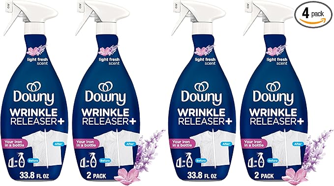 Downy Wrinkle Releaser Spray,All In One Wrinkle Release Spray,Odor Eliminator,Static Remover,Fabric Refresher & Ironing Aid for Clothes,33.8 Fl Oz,Light Fresh Scent,(Pack of 4)