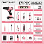 COMOWARE 20V Cordless Drill Set, 171Pcs Pink Home Tool Set with Cordless Drill Driver, Complete Repair Tool Kit for Women, Pink Storage Bag, Ideal for Office, Garden, DIY Project