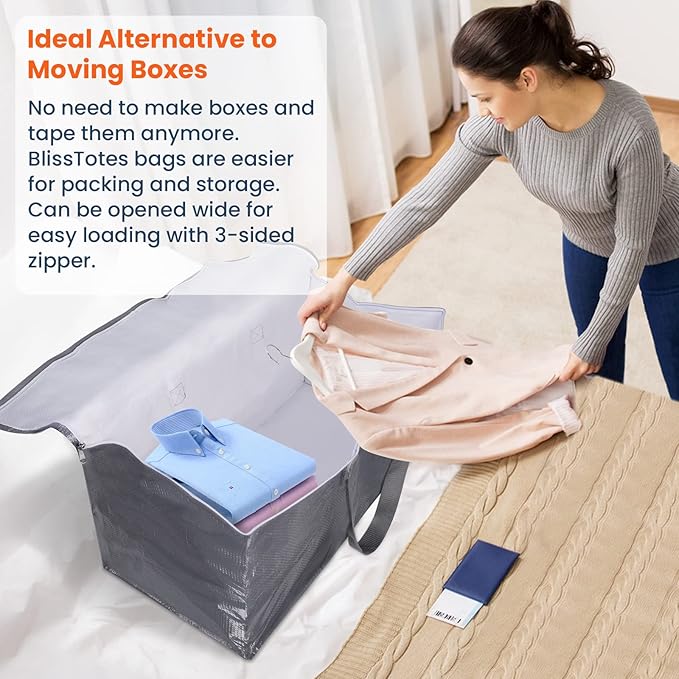 BlissTotes Large Moving Boxes and with Zippers & Handles Moving Supplies with lids, Heavy Duty Totes for Storage Bags for Space Saving, Fold Flat, Moving and Storing 125L, 8 Pack