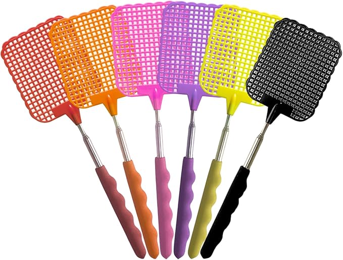 6 Pieces Extendable Fly Swatter, Manual Fly Swatter, Portable Plastic Fly Swatter for Flies, Mosquitoes and Insects - Red/Orange/Yellow/Pink/Purple/Black