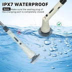 Electric Spin Scrubber, Hillyfe Bath Scrubber for Cleaning with 7 Replaceable Brush Heads, IPX7 Waterproof,300/400 RPM, 3 Adjustable Size,Cordless Shower Cleaner Brush for Bathroom Floor,Beige