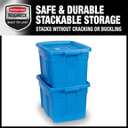 Rubbermaid Roughneck Tote 25 Gal, 4 Pack, Made in USA, Heritage Blue, Rugged Plastic Stackable Storage Bins with Lids and Handles