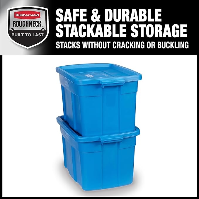 Rubbermaid Roughneck Tote 25 Gal, 4 Pack, Made in USA, Heritage Blue, Rugged Plastic Stackable Storage Bins with Lids and Handles