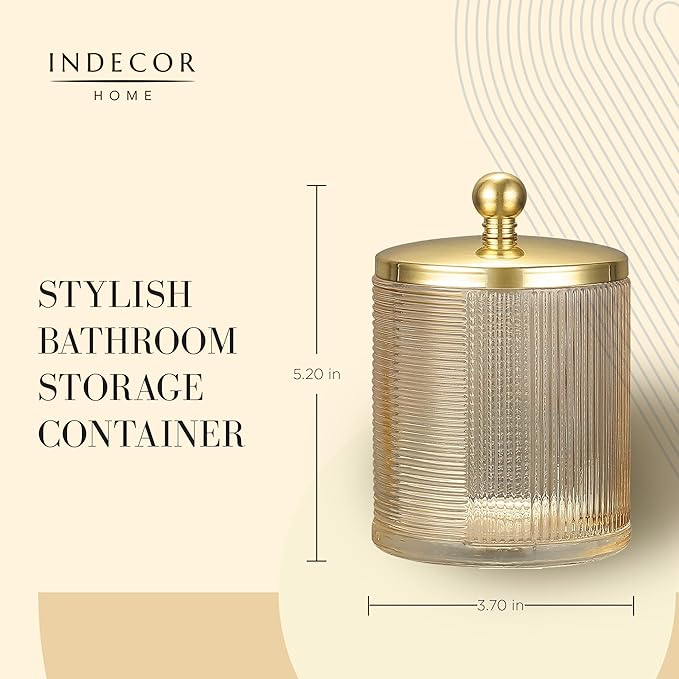 Tan Colored Tranlucent Apothecary Ribbed Geometric Etched Glass Jar W/Gold Metal Lid Cover for Bathroom Organization, Cotton Balls, Q Tips, and Small Accessories, Bathroom Storage