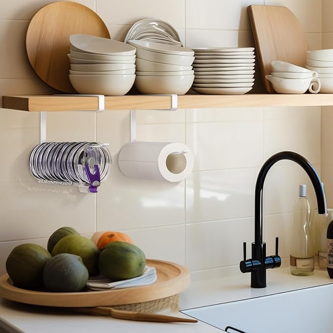 2 Pack Tumbler Lid Organizer, Horizontal Tumbler Lid Storage Hook to Hold Up 20 Lids, Space Saving Cup Lid Holders Under Cabinet Tumbler Lid Hook for Kitchen Organizer, Paper Towel Rack Hanger (White)