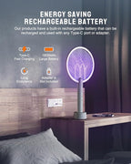 Electric Fly Swatter Racket, Mosiller 2 in 1 Bug Zapper with Type-C Rechargeable Base, 4000V Mosquito Killer with 3-Layer Safety Mesh for Pest Insect Control for Indoor、Office、Camping(Grey-1 Pack)