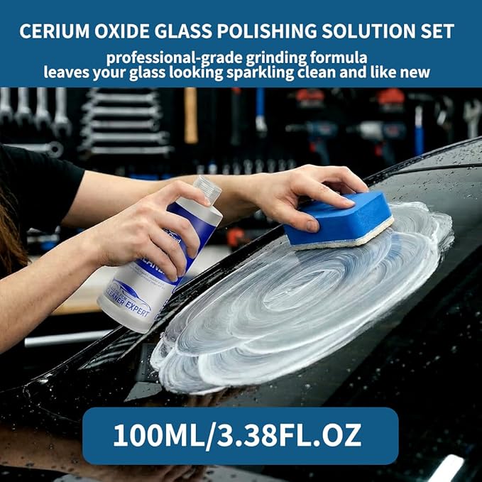 Glass Polish kit,3.38Fl Oz cerium oxide glass polish compound with polishing brush,glass scratch remove,Oil Film Cleaner,Glass Cleaner, Removes Stains and Water Spots, for Cars Glass and Mirror