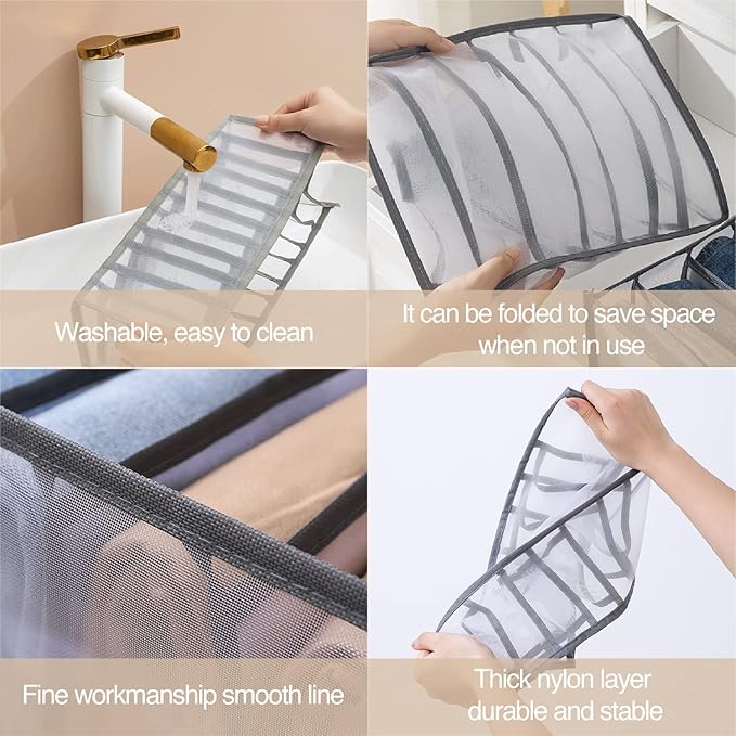 Wardrobe Clothes Organizer, 7 Grids Washable Portable Closet Organizer Mesh Separation Storage Box Foldable Closet Drawer Organizer for Underwear, Socks, Scarves, Jeans (Grey, 3 Jeans Grid)