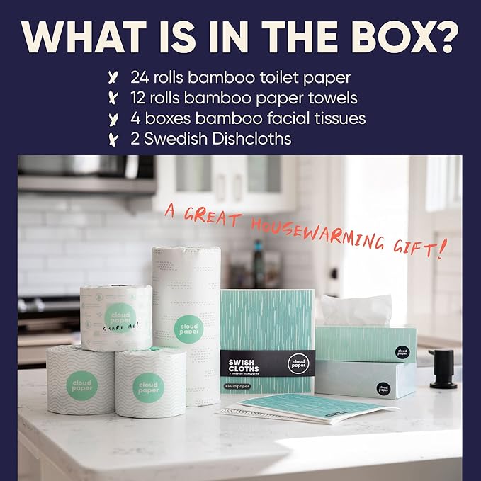 Save Trees Bamboo Toilet Paper, Paper Towels, Tissues, & Swedish Dishcloths - Complete Box - 24 Rolls Bamboo Toilet Paper, 12 Rolls Bamboo Paper Towels, 4 Boxes Bamboo Facial Tissues