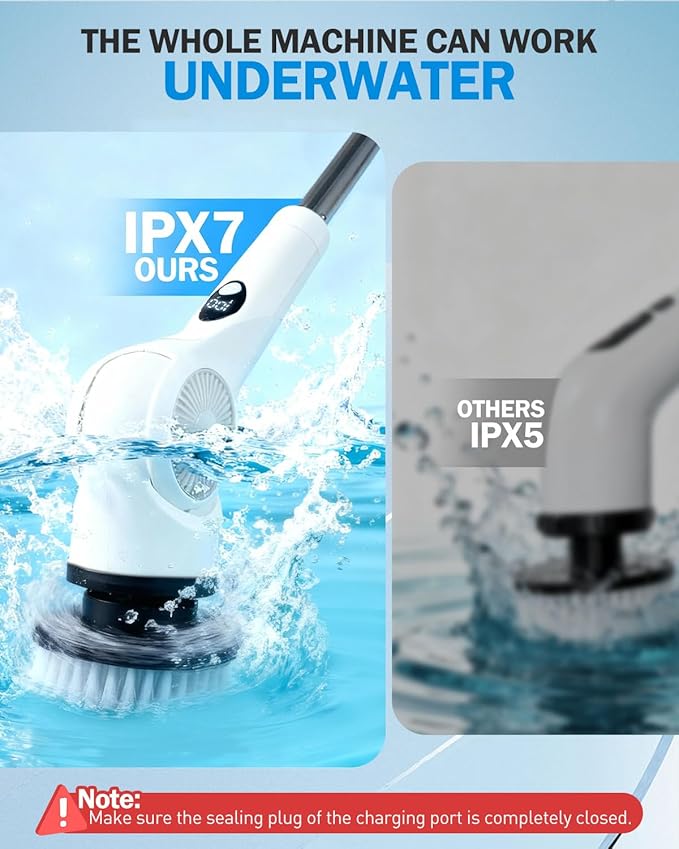 Electric Spin Scrubber, 3-Speed Cordless Shower Scrubber with Long Handle & 10 Replaceable Brush Heads, 90 Mins Runtime & Full-Body IPX7 Waterproof Shower Cleaner Brush for Bathroom Kithchen