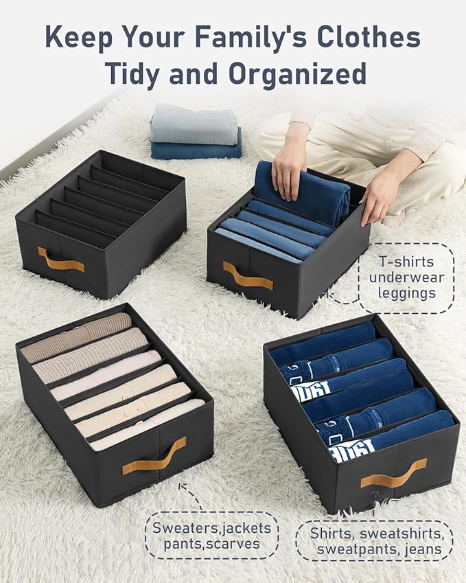 DIMJ Large Wardrobe Clothes Organizers - Foldable Closet Clothing Organizer for Jean Sweater Shirt Pants Underwear Bra, Divided Clothes Drawer, Grey Closet Shelf Organizer Boxes