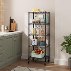 Golpart Small 5 Tier Shelves Storage Wire Shelving Unit Metal Shelf Adjustable Organizers Storage Shelving with Wheels for Bathroom Laundry Room Kitchen Pantry12”D x 18”W x 57.2”H Black