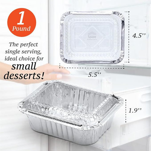 (55 Pack) 1 Lb Aluminum Pans with Lids, Disposable Baking Foil Containers, Takeout Food Storage, Freezer - Mini Foil Pans with Clear Lids for Restaurants & Catering - Size 5.5x4.5x1.9 Spare Essentials