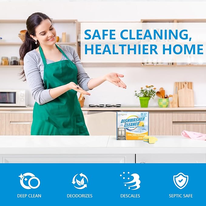 24-count Dishwasher Cleaner Tablets, Deep Cleaning and Descaling Formula, Removes Odors, Scale, and Hard Water Residue, Maintains Dishwashers, Septic Tank Safe (Lemon Scent)