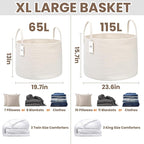JMvicyroam 65L Extra Large Blanket Basket for Living Room - Woven Cotton Rope Laundry Hamper with Reinforced Handles - Storage Bin for Pillows, Comforters & Toys - Machine Washable,White